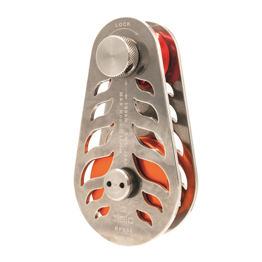 Small Screwlock Pulley upto 16mm Rope 100kN SSteel/Orange Wheel